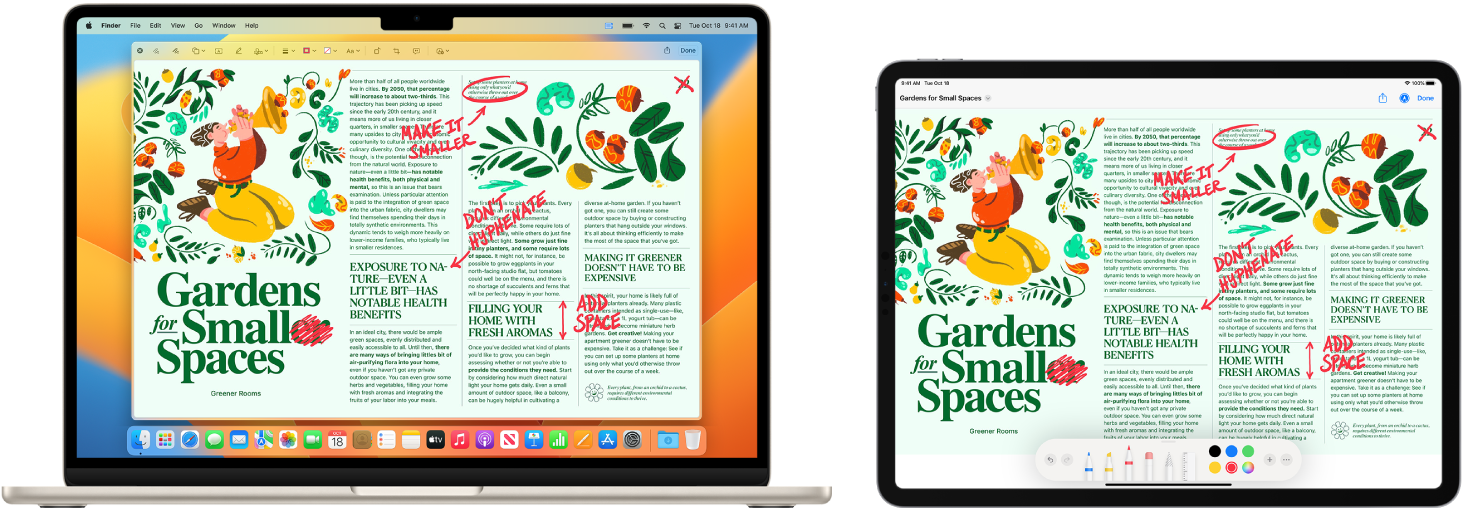 MacBook Air ja iPad on kõrvuti. Mõlemal ekraanil kuvatakse artiklit, millel on käsitsi kirjutatud punased märkmed nagu mahatõmmatud laused, nooled ja lisatud sõnad. iPadil on ekraani allservas ka märgistamise juhikud.