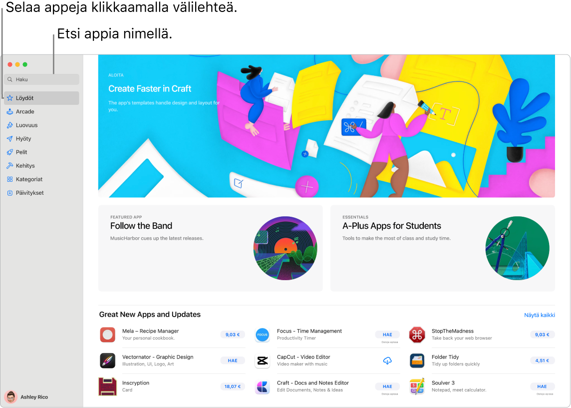 App Store -ikkuna, jossa näkyy hakukenttä ja Safarin laajennusten sivu.