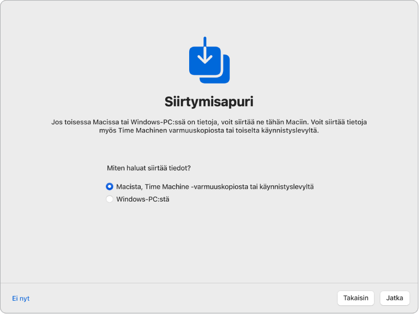 Käyttöönottoapurin näyttö, jossa lukee ”Siirtymisapuri”. Valittuna on valintaneliö, jolla siirretään tiedot Macista.