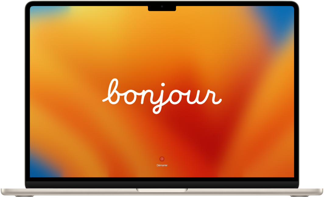 Un MacBook Air ouvert avec le mot « bonjour » et un bouton indiquant « Démarrer » à l’écran.