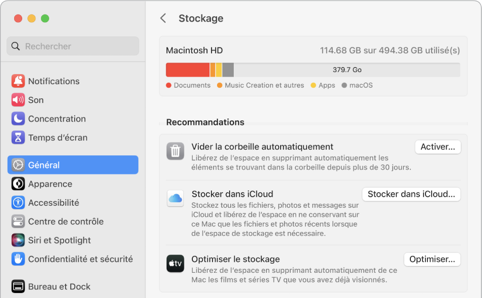 Les réglages Recommandations pour le stockage, présentant les options Stocker dans iCloud, Optimiser le stockage, et Vider la corbeille automatiquement.