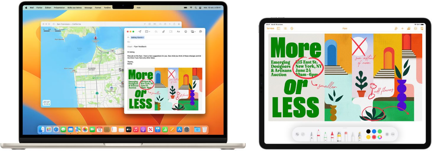 Un MacBook Air et un iPad l’un à côté de l’autre. L’écran de l’iPad présente un prospectus avec des annotations. L’écran du MacBook Air affiche un message Mail, avec comme pièce jointe le prospectus annoté de l’iPad.