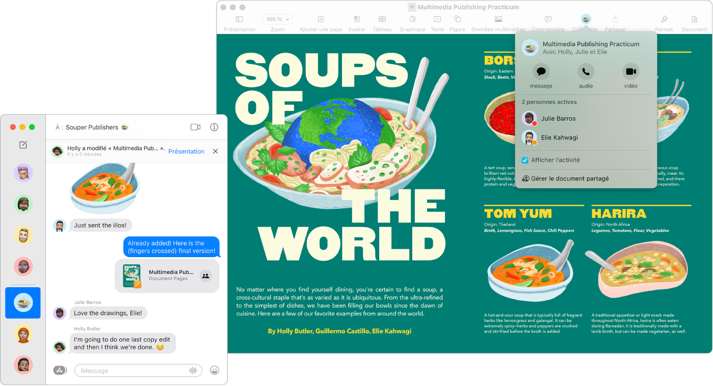 Une fenêtre Messages dans une conversation de groupe et une présentation Keynote avec les réglages de collaboration affichés côte à côte.