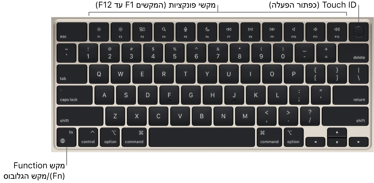 המקלדת של ה‑MacBook Air מציגה את שורת מקשי הפונקציה ואת Touch ID (כפתור ההפעלה) לאורך החלק העליון, ואת מקש הפונקציה (Fn)/גלובוס משמאל למטה.