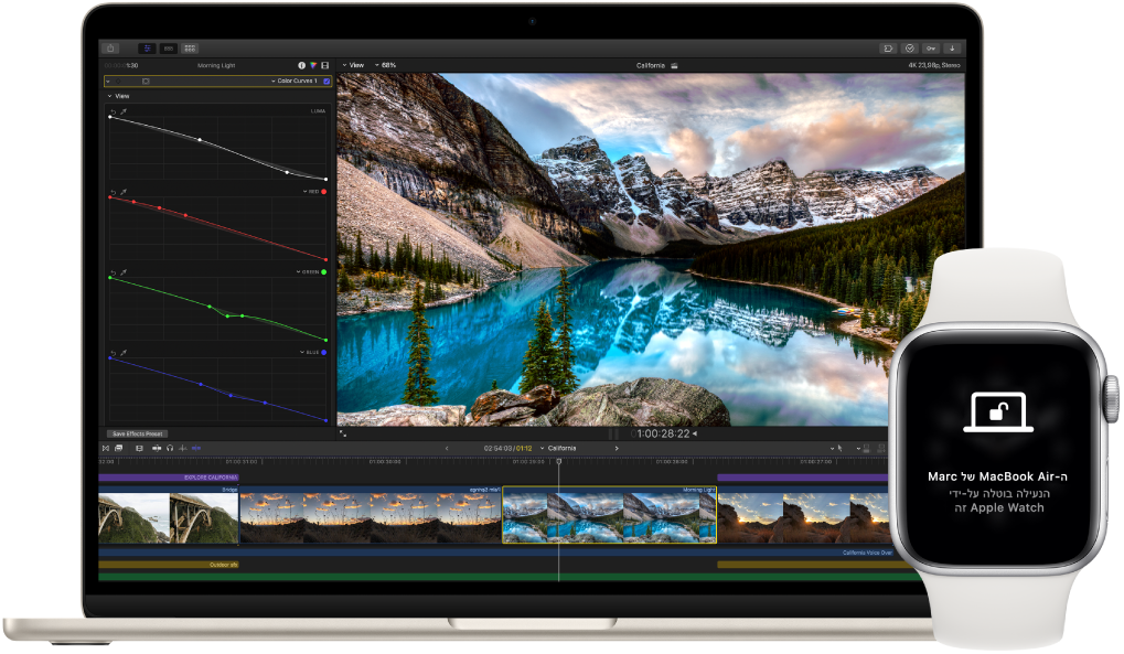 MacBook Air, לצד Apple Watch המציג הודעה ולפיה בוטלה הנעילה של ה-Mac על-ידי השעון.