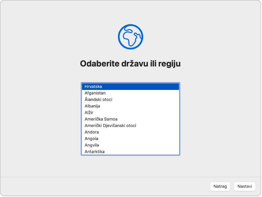 Zaslon u Asistentu za podešavanje prikazuje opcije za odabir države ili regije korisnika.