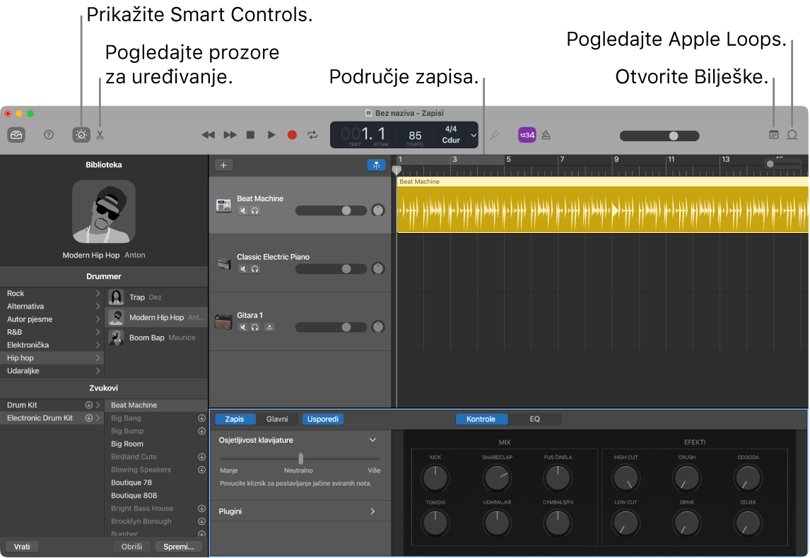 Prozor aplikacije GarageBand prikazuje tipke za pristup postavkama Smart Controls, Urednici, Bilješke i Apple Loops. Prikazuje i prikaz zapisa.