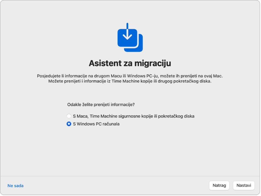 Zaslon Asistenta za podešavanje na kojem piše “Asistent za migraciju.” Odabrana je potvrdna kućica za prijenos informacija s računala Windows PC.