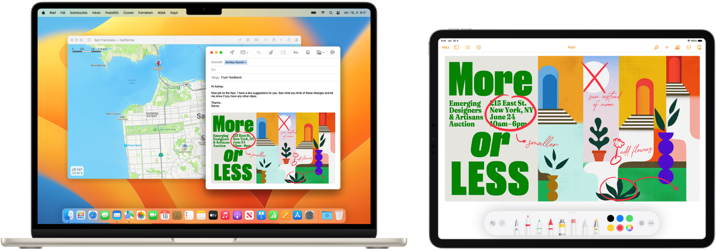 Egy MacBook Air és egy iPad látható egymás mellett. Az iPad képernyőjén egy annotációkkal ellátott szórólap látható. Az MacBook Air képernyőjén egy Mail-üzenet látható egy, az iPadről mellékletként hozzáadott, annotációval ellátott szórólappal.