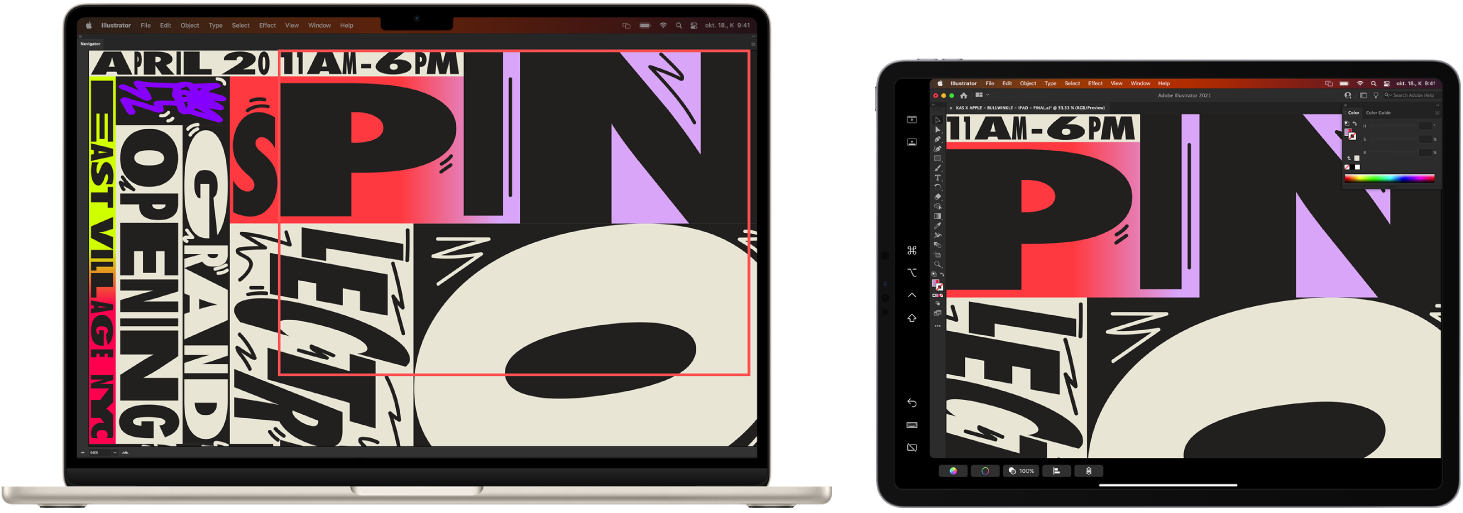 Egy MacBook Air és egy iPad egymás mellett. A MacBook Air gépen egy grafika látható az Illustrator navigátorablakában. Az iPaden ugyanez a grafika látható az Illustrator dokumentumablakában, és eszközsorok veszik körbe.
