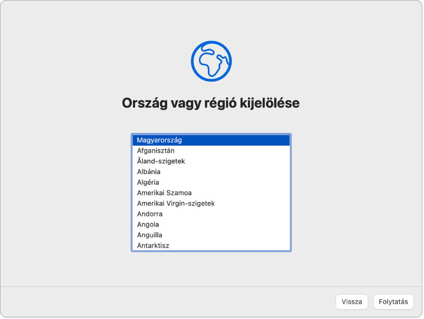 A Beállítási asszisztens egyik képernyője a felhasználó országának vagy régiójának kiválasztására szolgáló opciókkal.