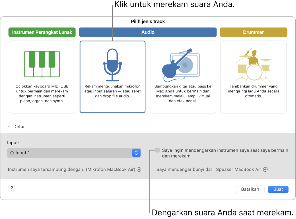 Panel instrumen GarageBand menampilkan tempat Anda mengeklik untuk merekam suara dan cara mendengarkan suara Anda sendiri saat merekam.