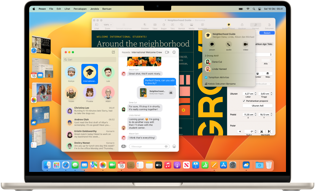 Desktop MacBook Air menampilkan Pusat Kontrol dan beberapa app terbuka.