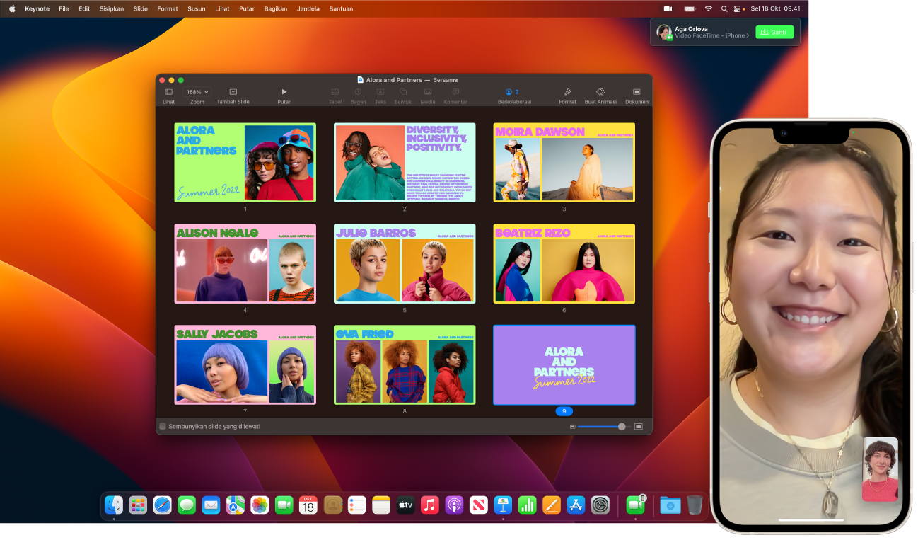 Panggilan FaceTime di iPhone di samping desktop Mac dengan jendela Keynote yang terbuka. Di pojok kanan atas Mac, terdapat tombol untuk mengalihkan panggilan FaceTime ke Mac.