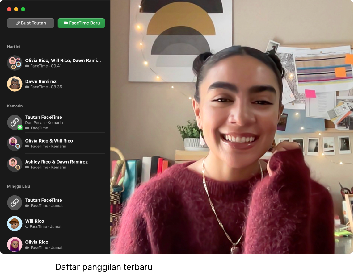 Jendela FaceTime menampilkan tombol untuk membuat tautan untuk panggilan FaceTime atau memulai panggilan FaceTime baru, dan daftar panggilan terbaru.