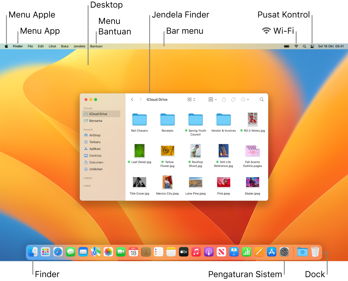 Layar Mac menampilkan menu Apple, menu App, desktop, menu Bantuan, jendela Finder, bar menu, ikon Wi-Fi, ikon Pusat Kontrol, ikon Finder, ikon Pengaturan Sistem, dan Dock.