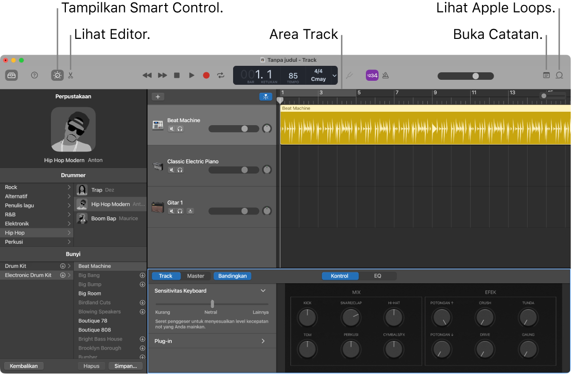 Jendela GarageBand menampilkan tombol untuk mengakses Smart Control, Editor, Catatan, dan Apple Loops. GarageBand juga menampilkan tampilan track.