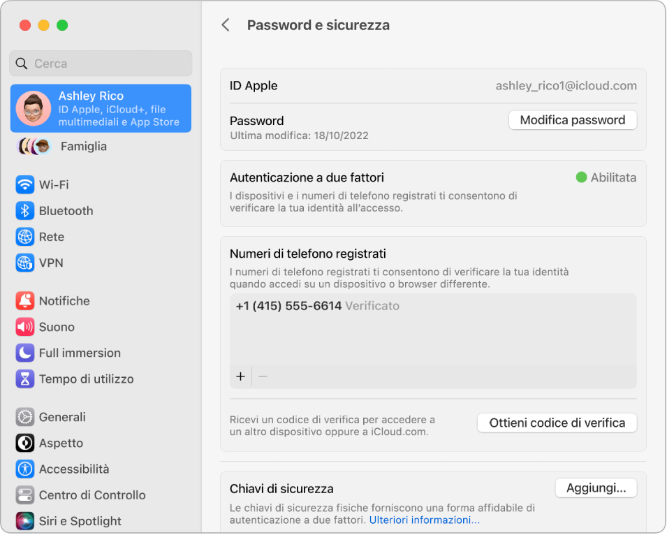 La sezione “Password e sicurezza” di ID Apple in Impostazioni di Sistema. Da qui puoi configurare “Recupero account” o “Contatto erede”.