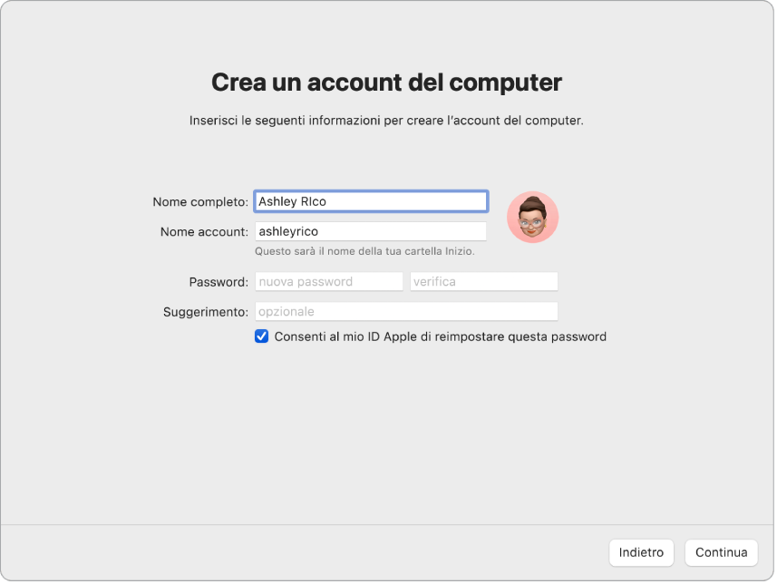 Una schermata di Impostazione Assistita che mostra “Crea un account del computer”.