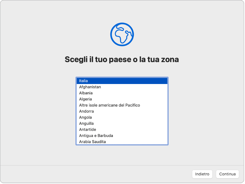 Una schermata di Impostazione Assistita che mostra le opzioni per selezionare il paese o la zona dell'utente.