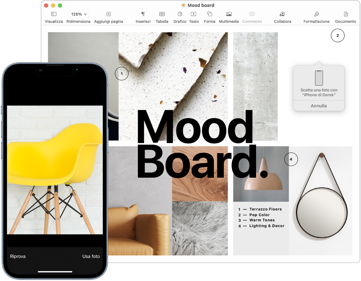 iPhone che mostra una foto e lo schermo di un Mac che mostra un documento di Pages con un riquadro in cui verrà posizionata la foto.
