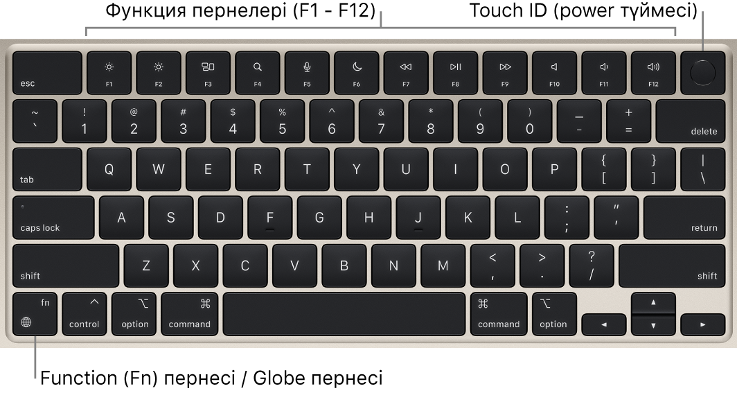 Функциялық пернелер жолын және жоғарғы жақтағы Touch ID қуат түймесін және төменгі сол жақ бұрышта Function (Fn)/Globe пернесін көрсетіп тұрған MacBook Air пернетақтасы.
