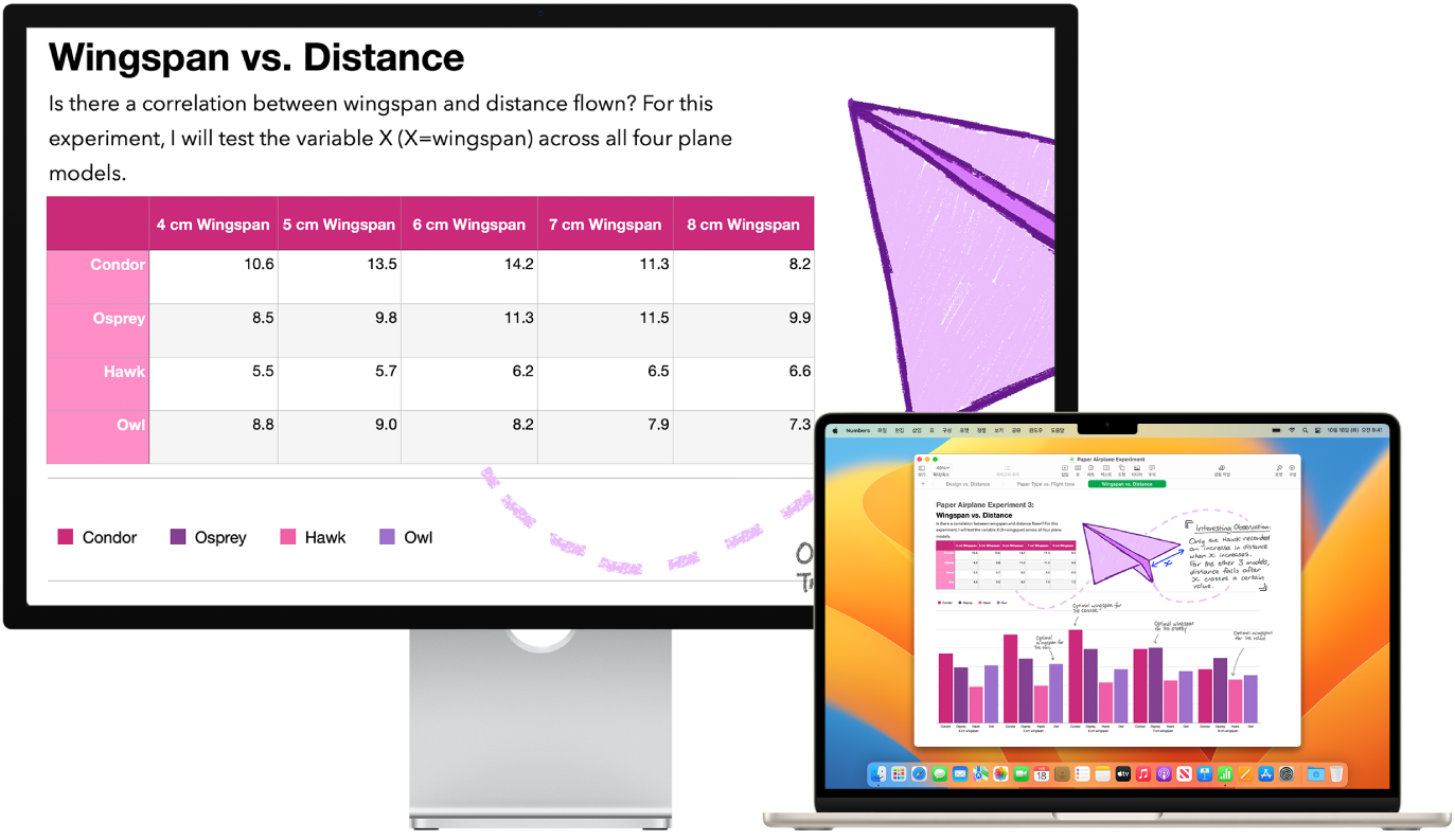 디스플레이 확대/축소가 데스크탑 화면에 활성화되어 있고, MacBook Air의 화면 크기는 고정되어 있음.