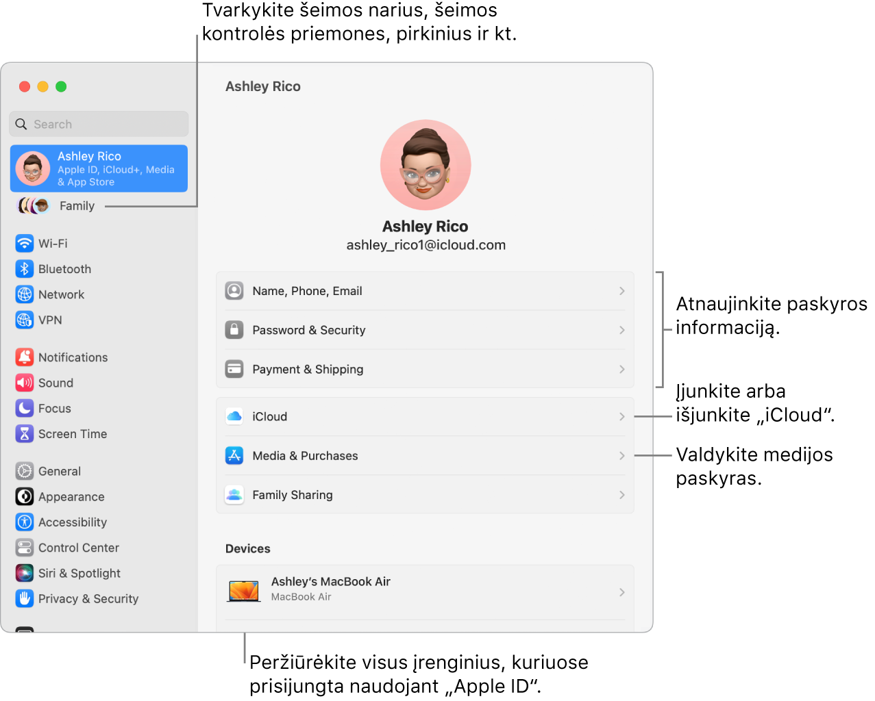 Skiltyje „System Settings“ pateikiami „Apple ID“ nustatymai su šaukiniais, skirtais atnaujinti paskyros informaciją, įjungti arba išjungti „iCloud“ funkcijas, tvarkyti medijos paskyras, ir „Family“, kur galite tvarkyti šeimos narius, tėvų kontrolę, pirkinius ir kt.