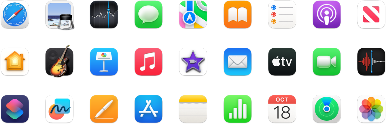 Į „MacBook Air“ įtrauktų programų piktogramos.