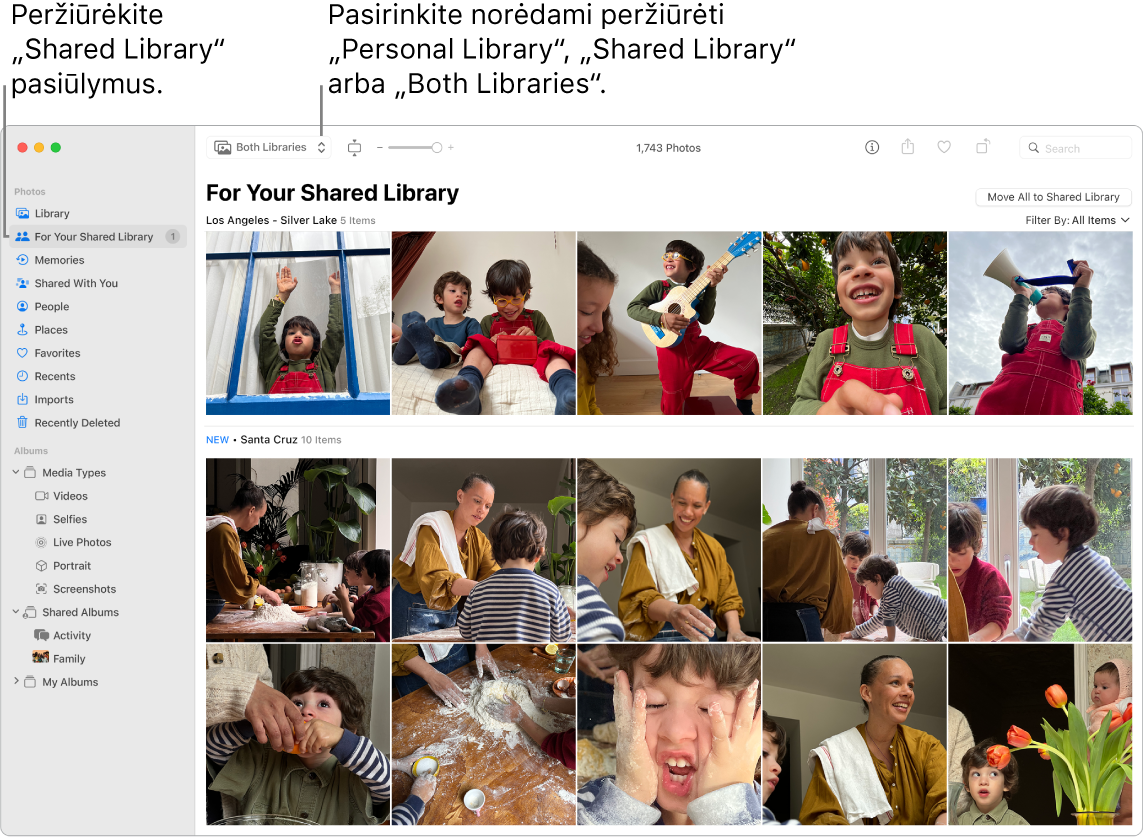 „Photos“ lange rodoma biblioteka „iCloud Shared Photo Library“.
