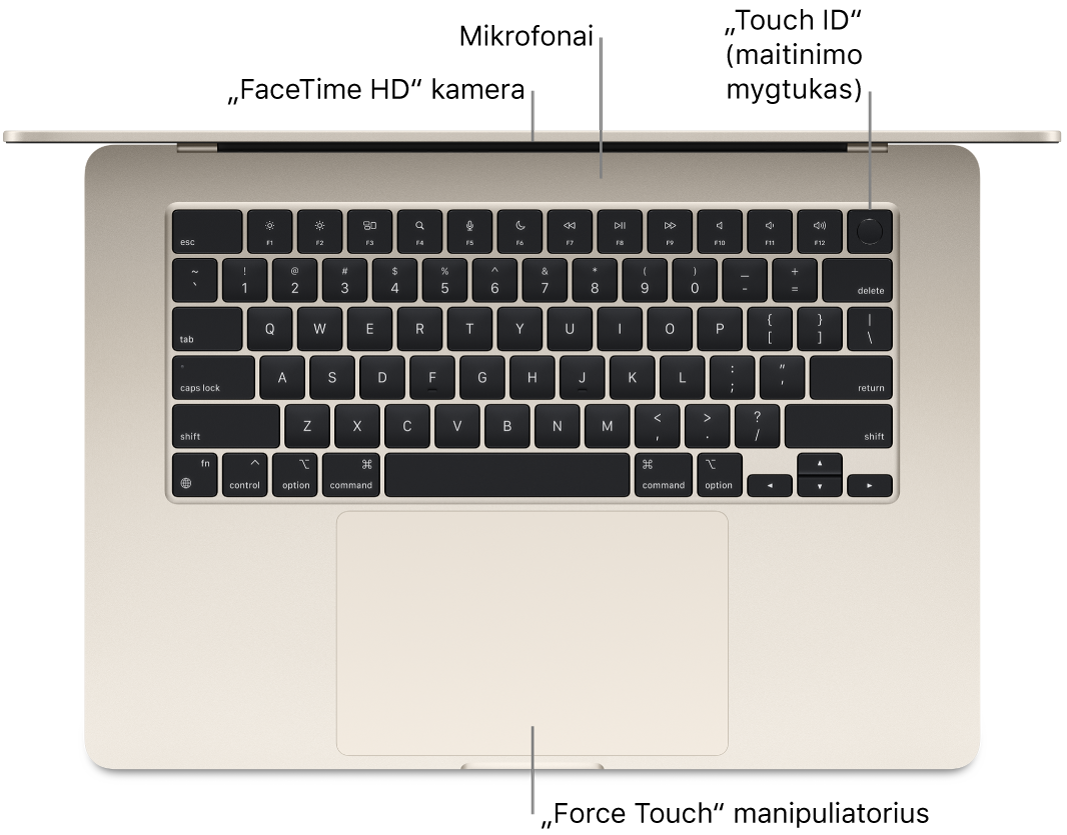 „MacBook Air“ vaizdas iš viršaus, matomos „FaceTime“ HD vaizdo kameros, mikrofonų, „Touch ID“ (maitinimo mygtuko) ir „Force Touch“ jutiklinio pulto nuorodos.