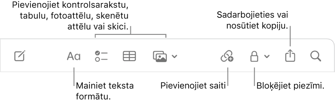 Lietotnes Notes rīkjosla ar remarkām pie teksta formatēšanas, pārbaudes sarakstu, tabulu, saišu, fotoattēlu/mediju, bloķēšanas, koplietošanas un kopiju sūtīšanas rīkiem.