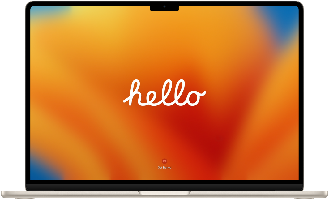 Atvērts MacBook Air datora ar ekrānā redzamu vārdu “hello” un pogu “Get Started”.