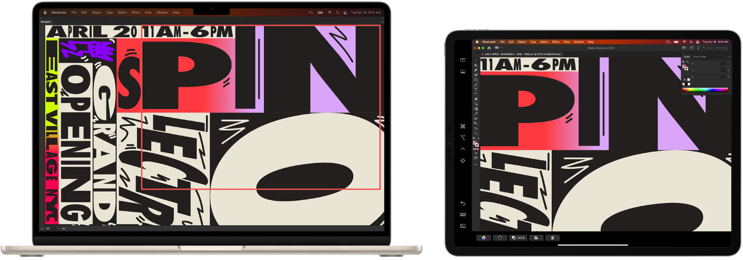 Blakus novietoti MacBook Air dators un iPad ierīce. MacBook Air datorā redzams māksliniecisks attēls lietotnes Illustrator navigācijas logā. iPad ierīcē redzams tas pats attēls lietotnes Illustrator dokumenta logā, attēlam apkārt ir rīkjoslas.
