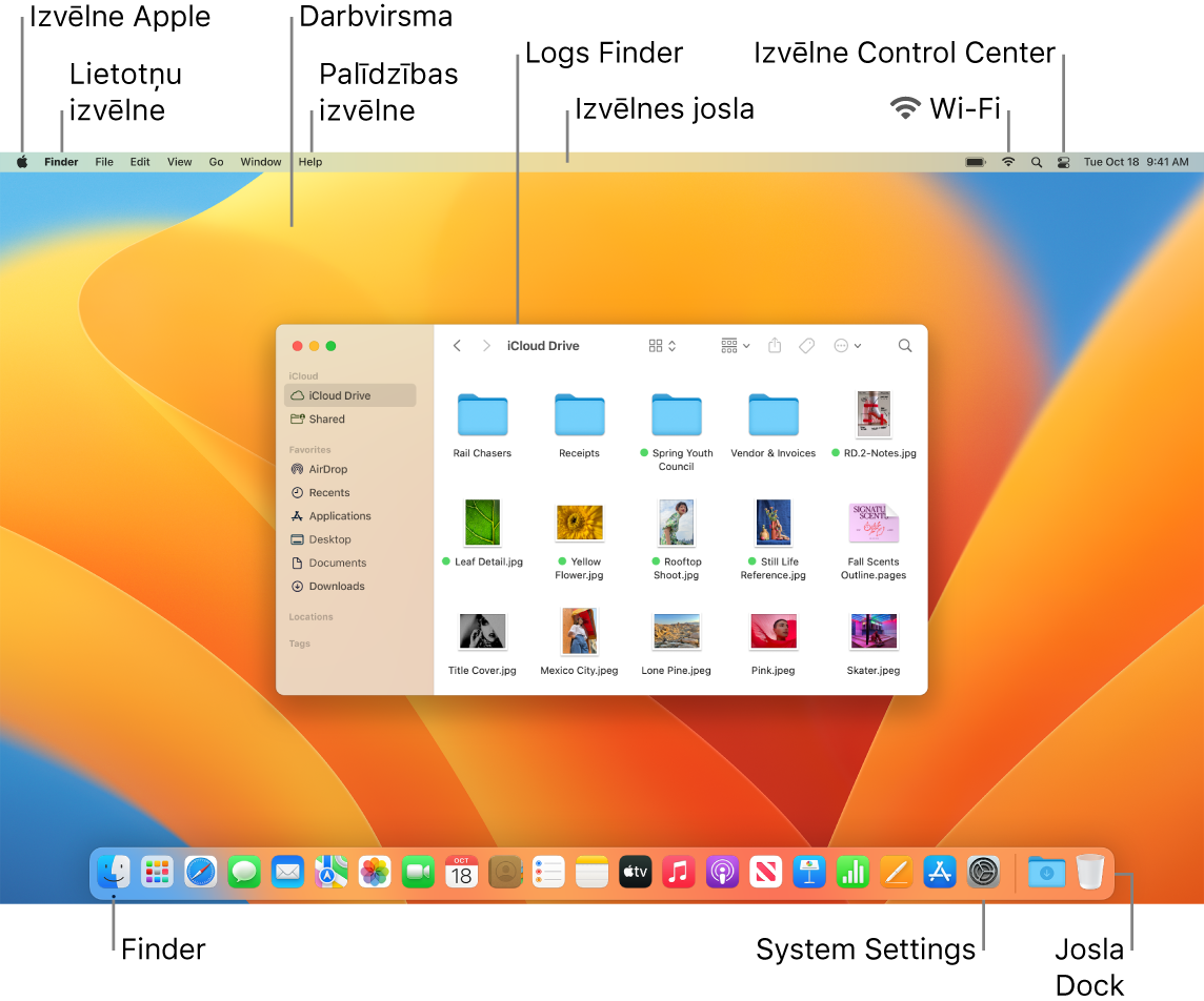 Mac datora ekrānā redzama Apple izvēlne, izvēlne App, darbvirsma, izvēlne Help, lietotnes Finder logs, izvēlnes josla, ikona Wi-Fi, ikona Control Center, ikona Finder, ikona System Settings un josla Dock.