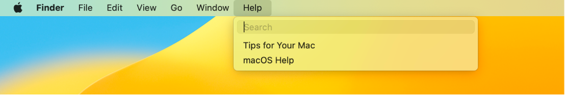 Daļējs darbvirsmas attēls ar atvērtu izvēlni Help, kurā redzamas izvēlnes opcijas Search un macOS Help.