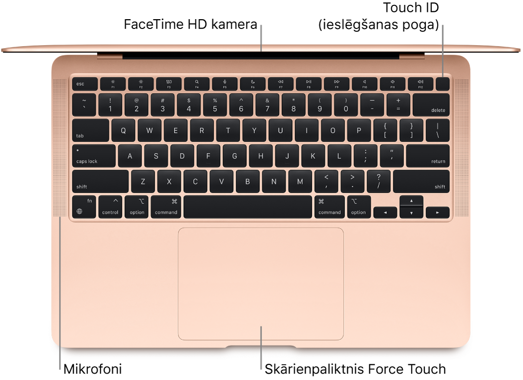 Skats no augšas uz atvērtu MacBook Air datoru ar remarkām pie FaceTime HD kameras, Touch ID (ieslēgšanas pogas), mikrofoniem un Force Touch skārienpaliktni.