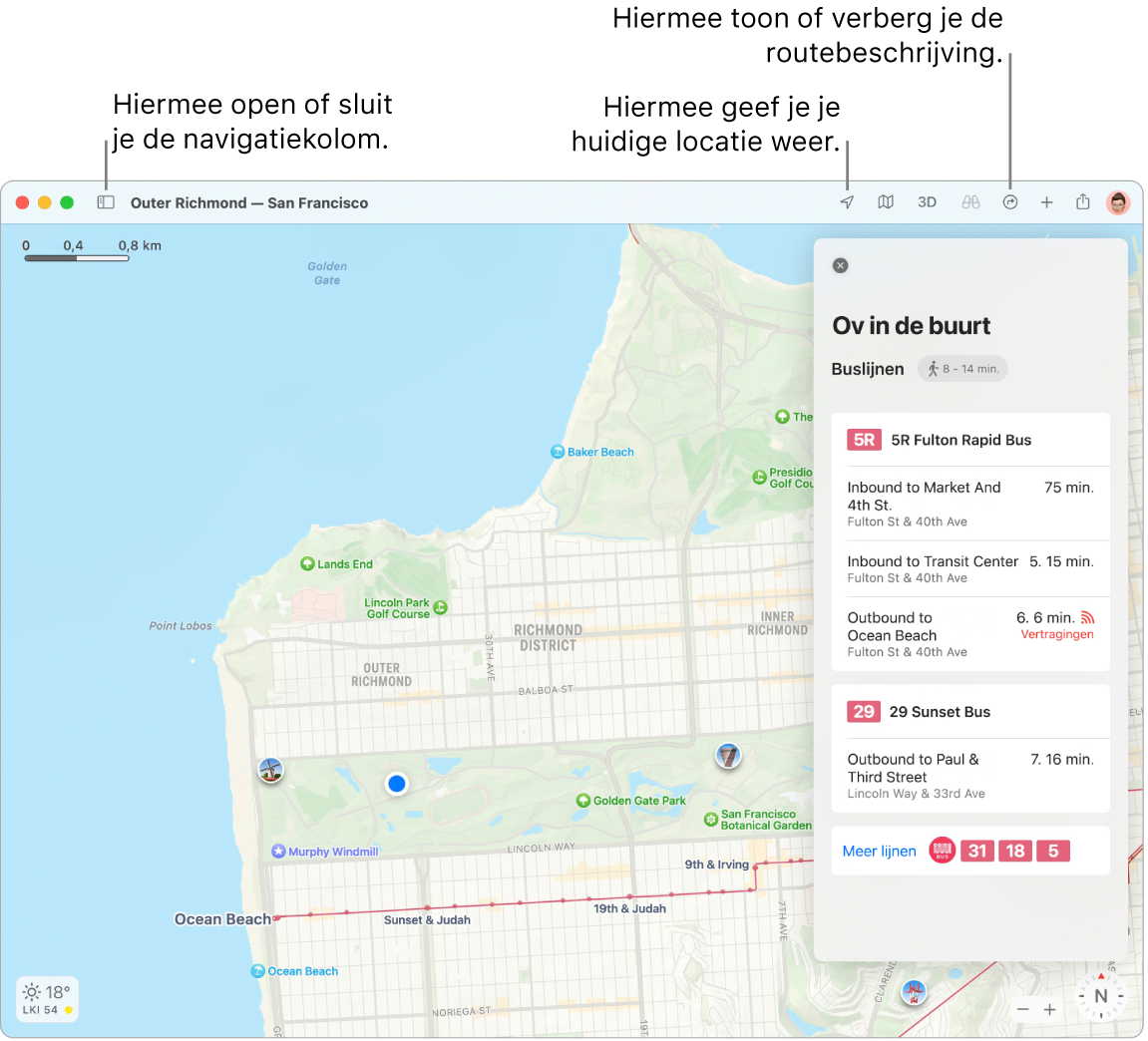 Een Kaarten-venster waarin te zien is hoe je een routebeschrijving opvraagt door op een bestemming in de navigatiekolom te klikken, hoe je de navigatiekolom opent of sluit en hoe je je huidige locatie op de kaart vindt.