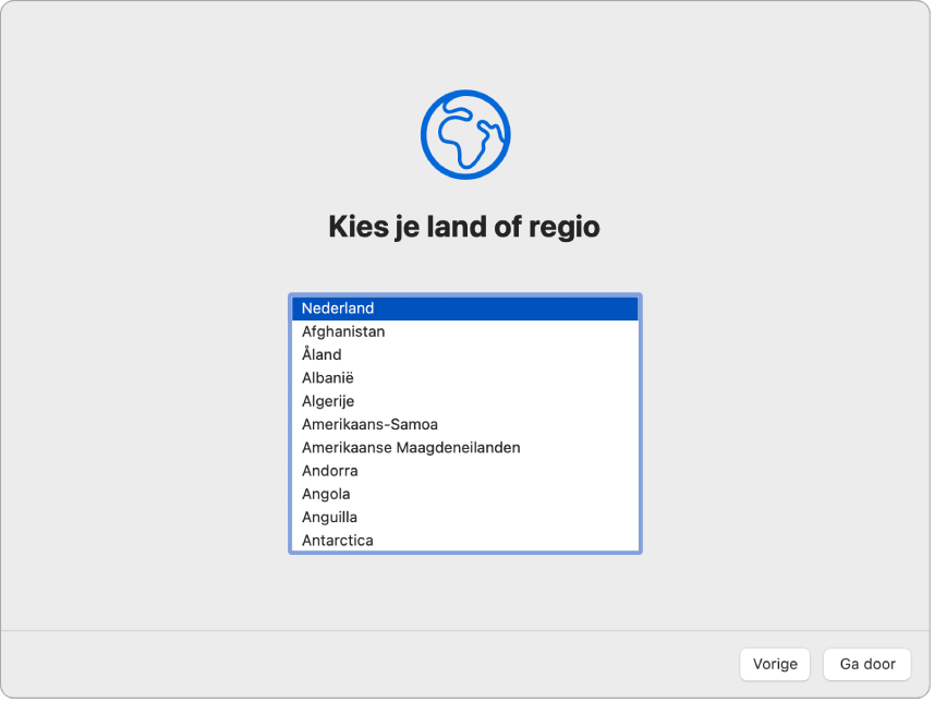 Een scherm in de configuratie-assistent met opties om het land of de regio van de gebruiker te kiezen.