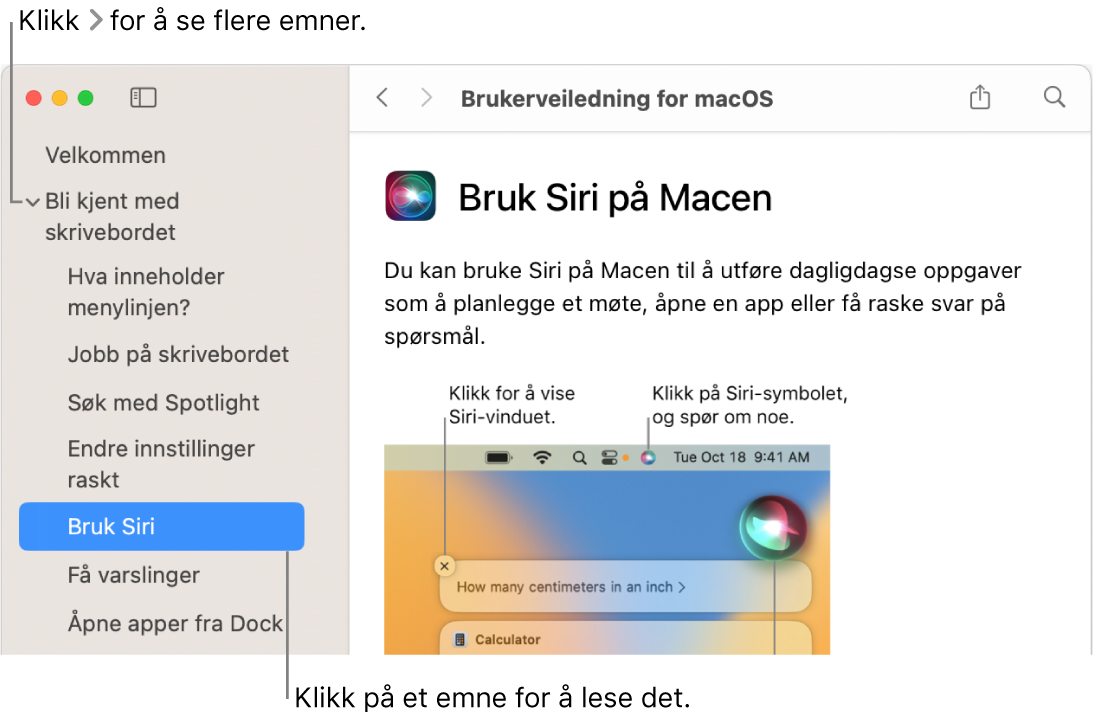 Hjelpvisning, med en bildebeskrivelse av hvordan du kan vise emner i sidepanelet, og en annen bildebeskrivelse av hvordan du kan vise innholdet for et emne.