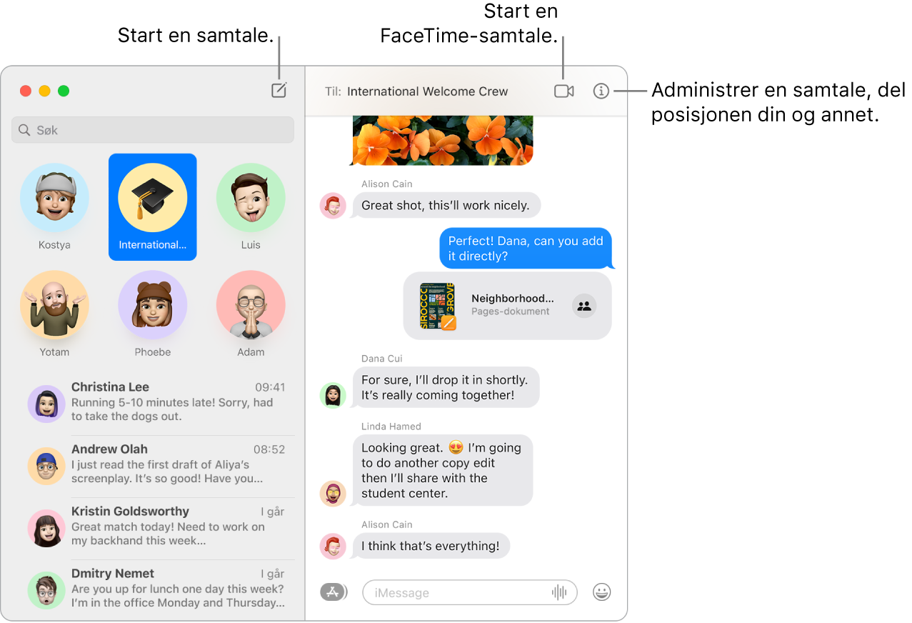 Et Meldinger-vindu som viser hvordan du starter en samtale og hvordan du starter et FaceTime-anrop.