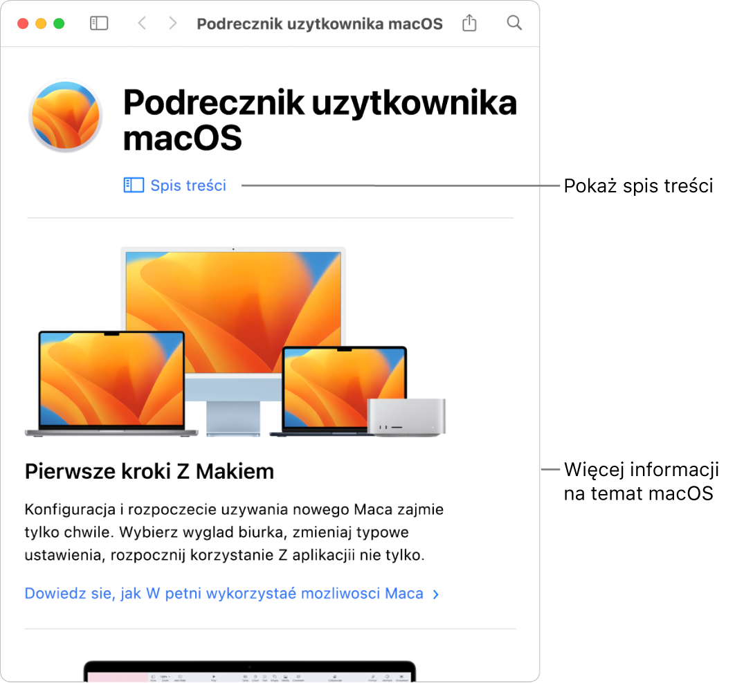 Strona powitalna Podręcznika użytkownika macOS oraz łącze do Spisu treści.