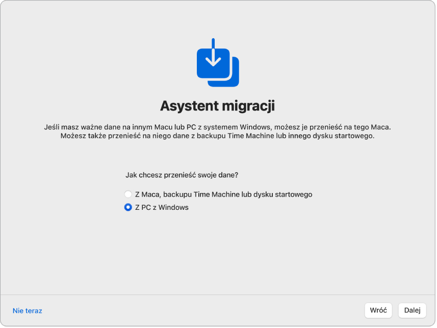 Ekran w Asystencie ustawień z napisem „Asystent migracji”. Zaznaczone jest pole wyboru w celu przeniesienia informacji z komputera z systemem Windows.