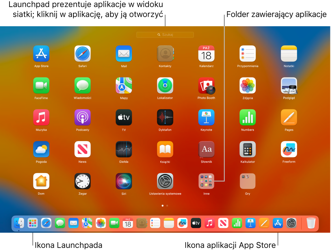 Ekran Maca z otwartym Launchpadem; folder aplikacji w Launchpadzie jest wyróżniony, a w Docku wyróżnione są również ikony Launchpada i App Store.