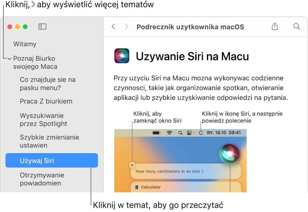 Okno przeglądarki pomocy z objaśnieniem sposobu wyświetlania tematów na pasku bocznym oraz kolejnym objaśnieniem sposobu wyświetlania zawartości tematu.