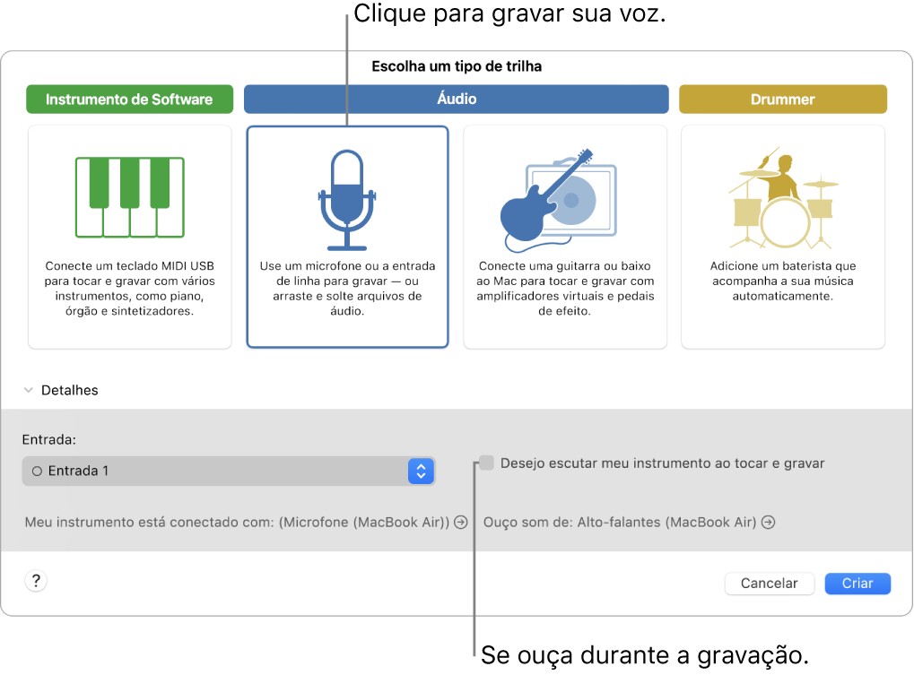 Painel de instrumentos do GarageBand mostrando onde clicar para gravar voz e como se ouvir ao gravar.