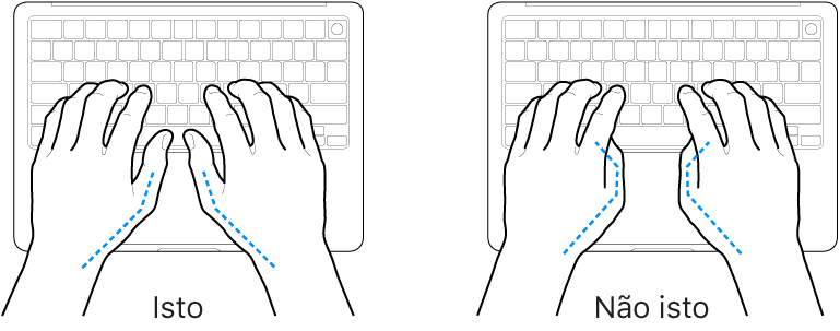 Mãos posicionadas sobre um teclado, mostrando os alinhamentos correto e incorreto dos polegares.