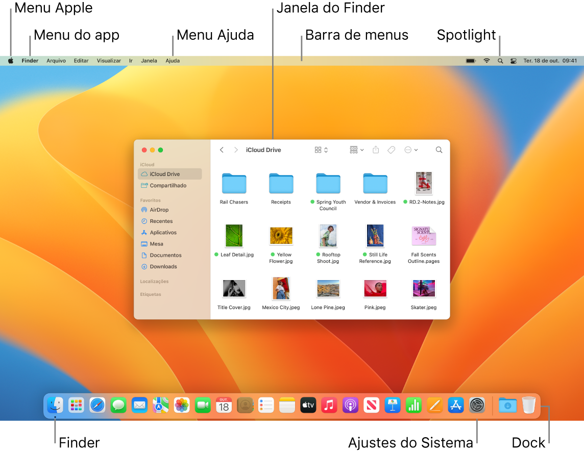 Tela do Mac mostrando o menu Apple, o menu App, o menu Ajuda, uma janela do Finder, a barra de menus, o ícone do Spotlight, o ícone do Finder, o ícone dos Ajustes do Sistema e o Dock.