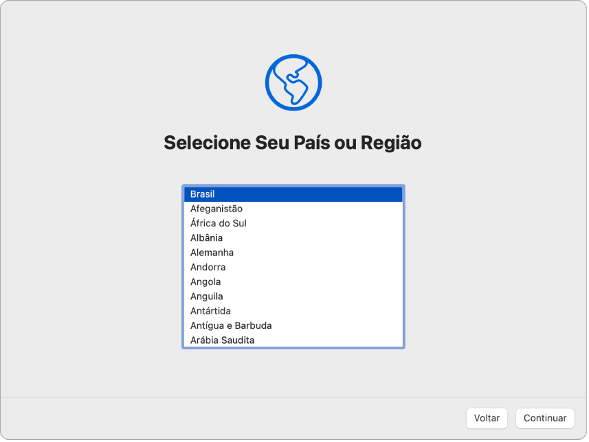 Tela do Assistente de Configuração mostrando opções para selecionar o país ou a região de um usuário.