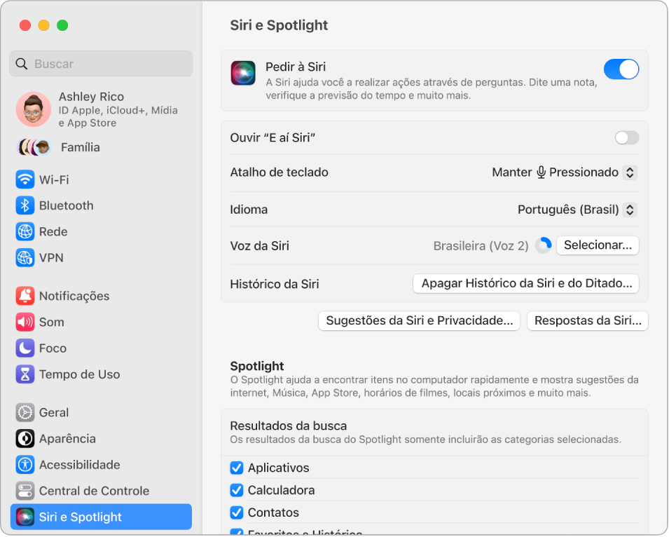 Janela de ajustes da Siri com a opção “Pedir à Siri” selecionada e várias opções para personalização da Siri à direita